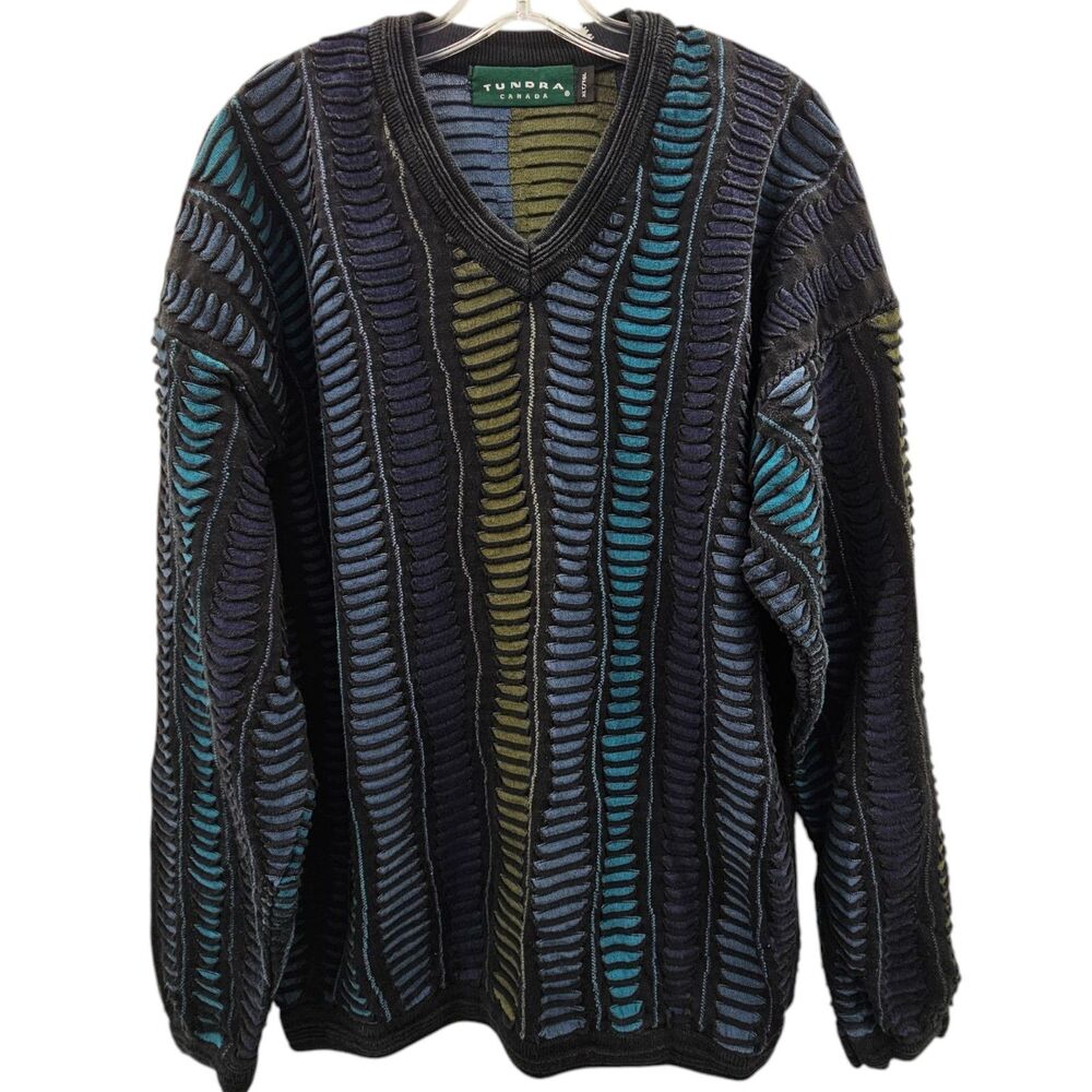 Vintage Tundra Canada Blue Biggie Cosby Sweater XLT 90s Textured Colorful